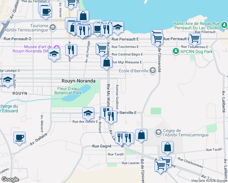 map of restaurants, bars, coffee shops, grocery stores, and more near 346 Avenue Godbout in Rouyn-Noranda