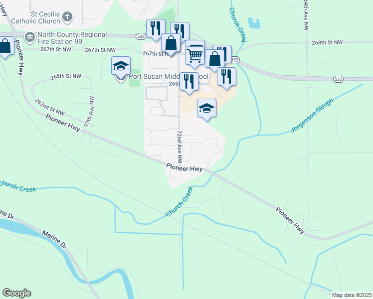 map of restaurants, bars, coffee shops, grocery stores, and more near 26211 72nd Avenue Northwest in Stanwood