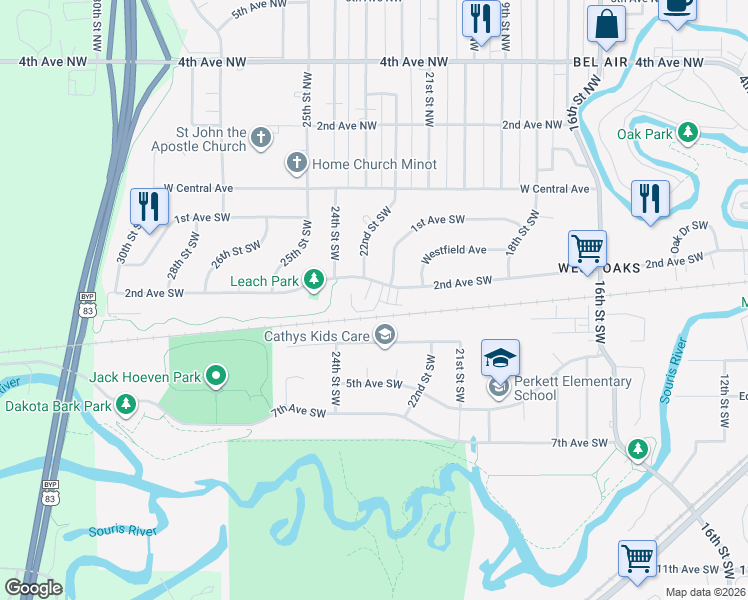 map of restaurants, bars, coffee shops, grocery stores, and more near 2300 2nd Avenue Southwest in Minot