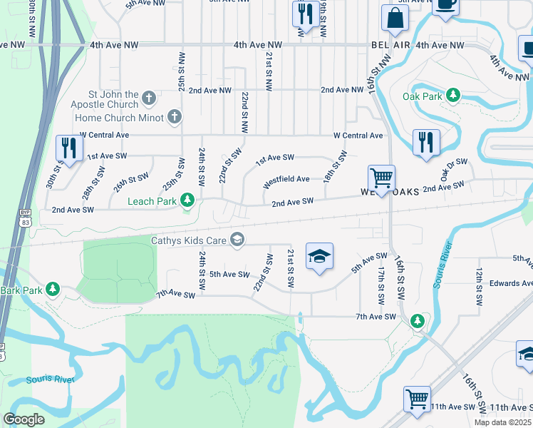 map of restaurants, bars, coffee shops, grocery stores, and more near 2135 Westfield Avenue in Minot