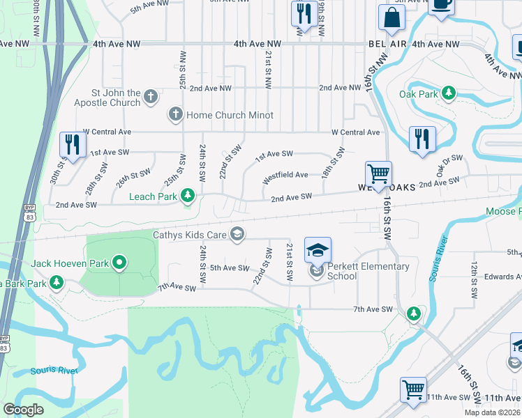 map of restaurants, bars, coffee shops, grocery stores, and more near 2135 Westfield Avenue in Minot