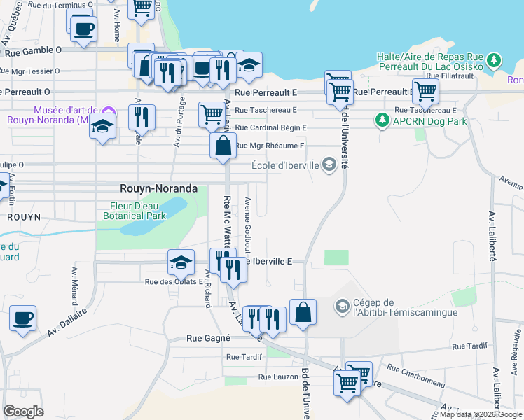 map of restaurants, bars, coffee shops, grocery stores, and more near 334 Avenue Dufault in Rouyn-Noranda
