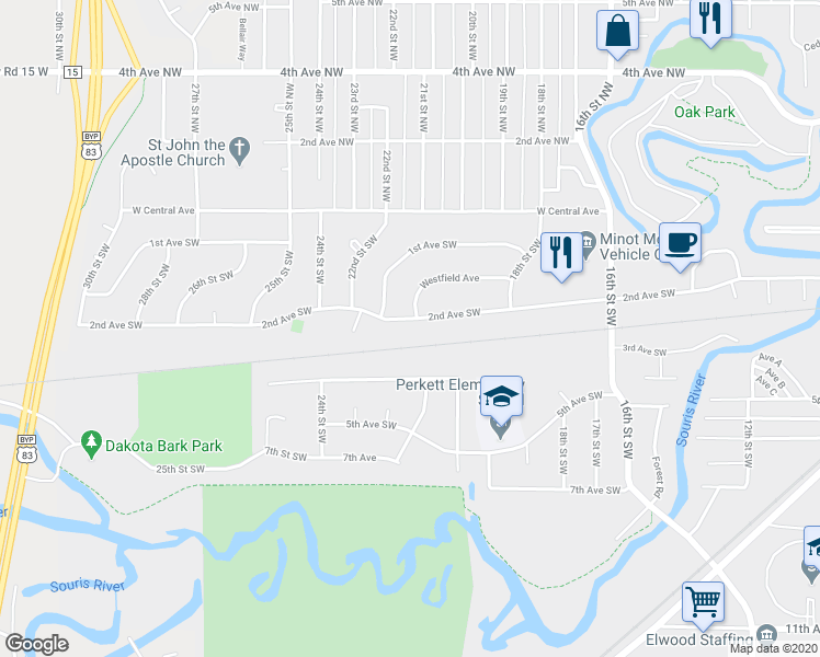 map of restaurants, bars, coffee shops, grocery stores, and more near 2101 2nd Avenue Southwest in Minot