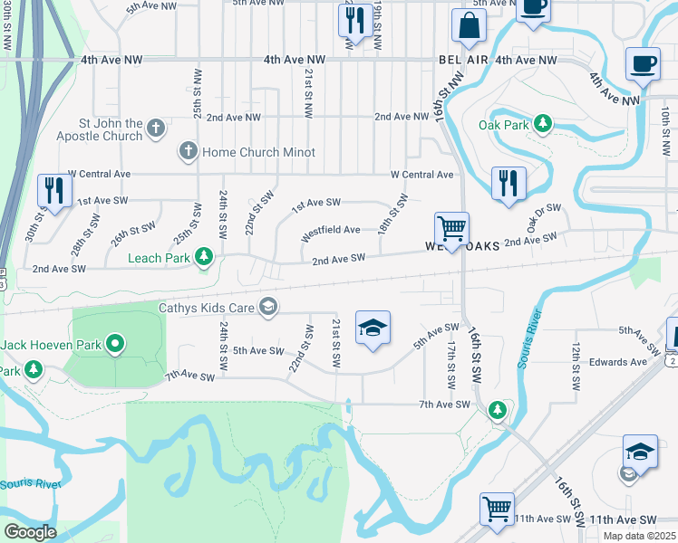 map of restaurants, bars, coffee shops, grocery stores, and more near 1932 2nd Avenue Southwest in Minot