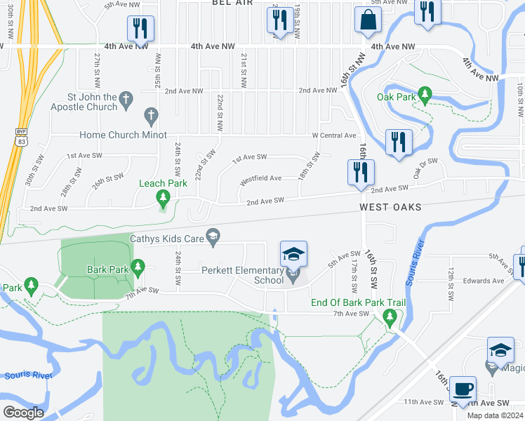 map of restaurants, bars, coffee shops, grocery stores, and more near 1932 2nd Avenue Southwest in Minot