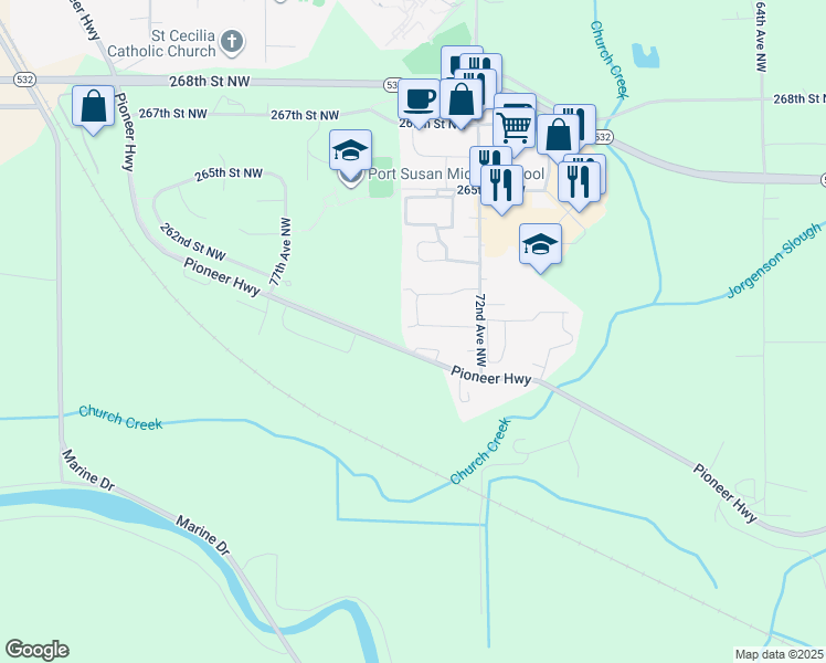 map of restaurants, bars, coffee shops, grocery stores, and more near 26127 74th Avenue Northwest in Stanwood