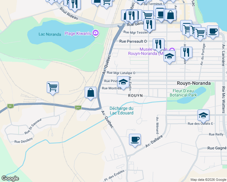 map of restaurants, bars, coffee shops, grocery stores, and more near 355 Rue Montréal Ouest in Rouyn-Noranda