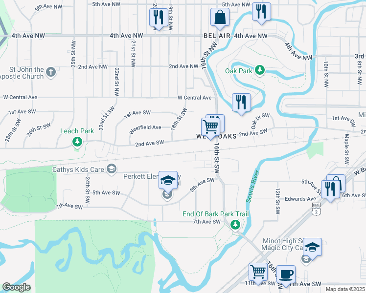 map of restaurants, bars, coffee shops, grocery stores, and more near 1708 2nd Avenue Southwest in Minot