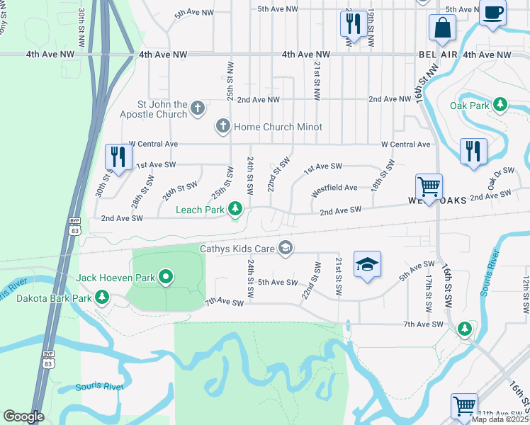 map of restaurants, bars, coffee shops, grocery stores, and more near 2300 2nd Avenue Southwest in Minot