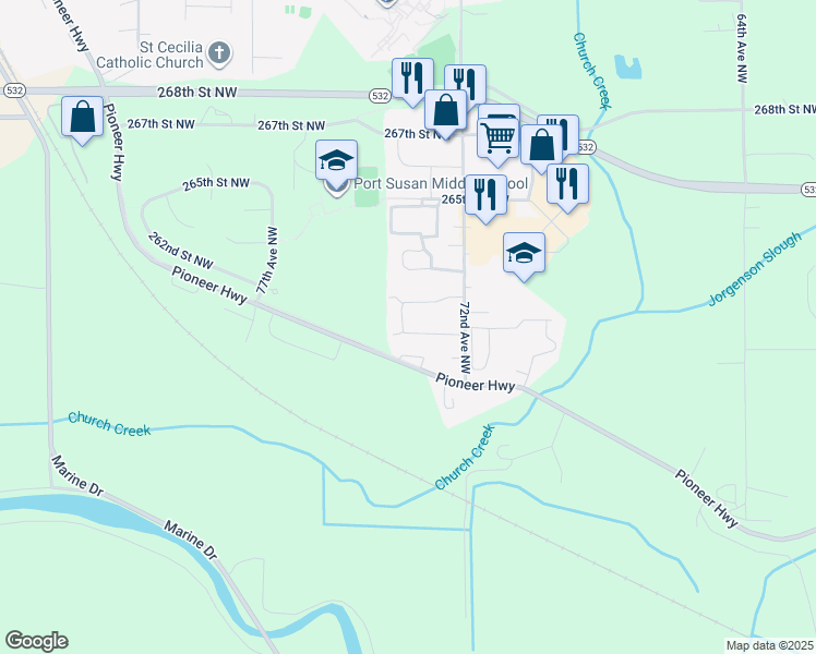 map of restaurants, bars, coffee shops, grocery stores, and more near 26127 74th Avenue Northwest in Stanwood