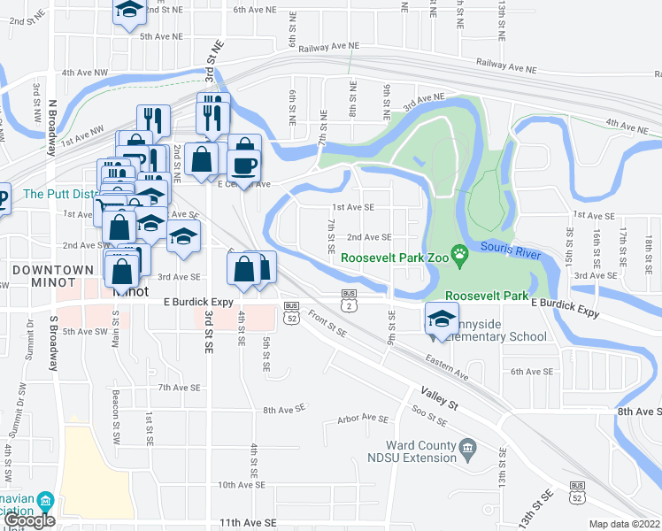 map of restaurants, bars, coffee shops, grocery stores, and more near Riverside Drive in Minot