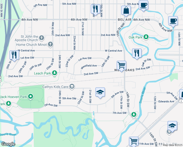 map of restaurants, bars, coffee shops, grocery stores, and more near 1932 2nd Avenue Southwest in Minot