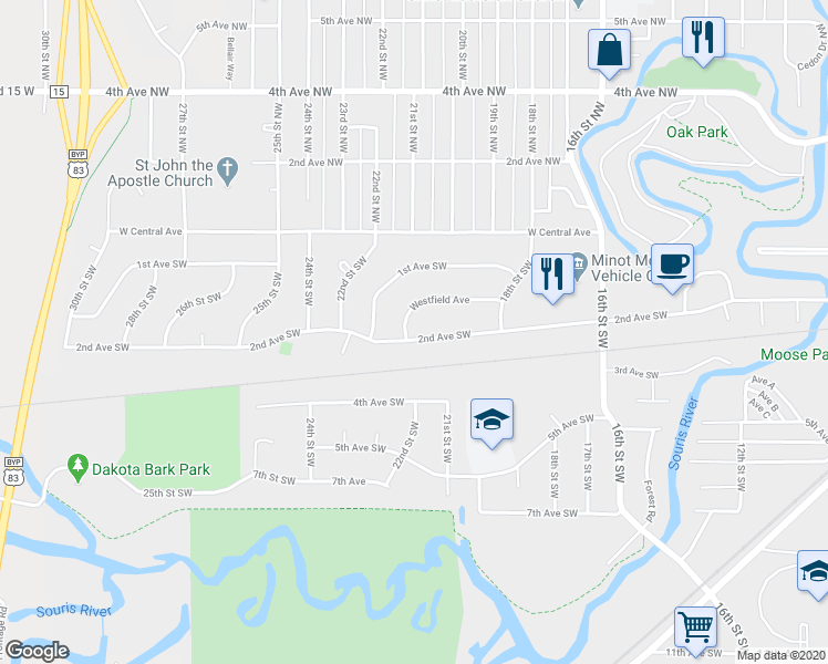 map of restaurants, bars, coffee shops, grocery stores, and more near 2135 Westfield Avenue in Minot