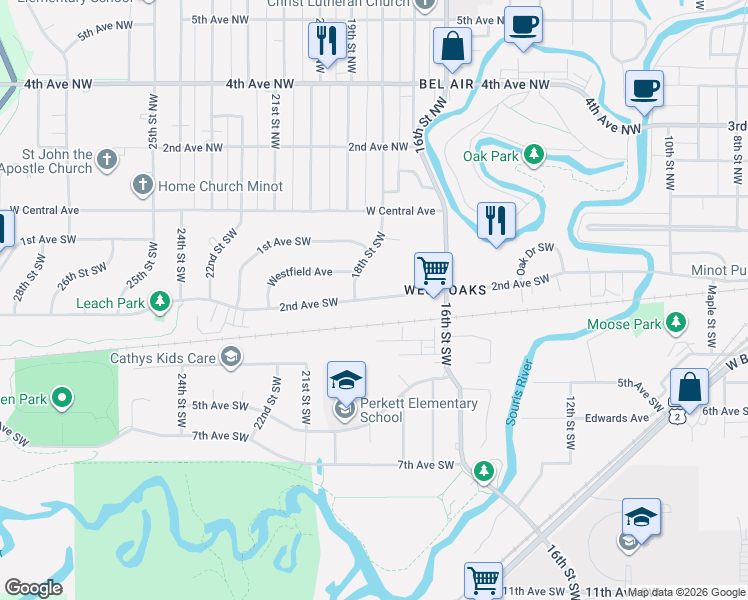 map of restaurants, bars, coffee shops, grocery stores, and more near 1708 2nd Avenue Southwest in Minot