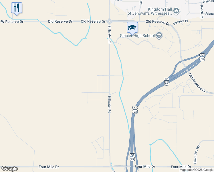 map of restaurants, bars, coffee shops, grocery stores, and more near 605 Stillwater Road in Kalispell