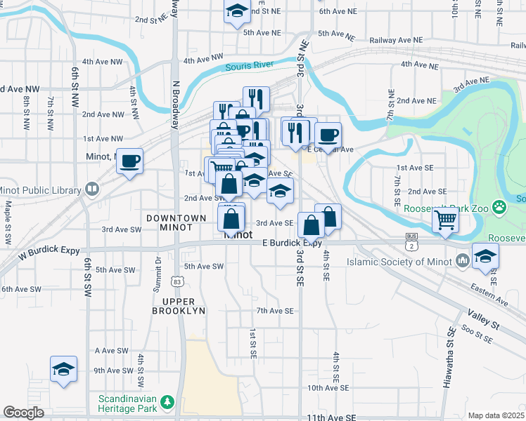 map of restaurants, bars, coffee shops, grocery stores, and more near 215 1st Street Southeast in Minot