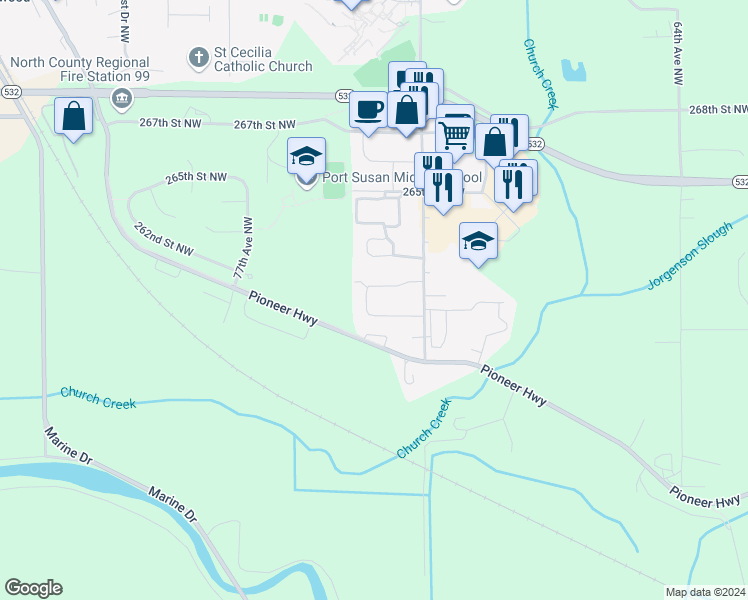 map of restaurants, bars, coffee shops, grocery stores, and more near 26127 74th Avenue Northwest in Stanwood