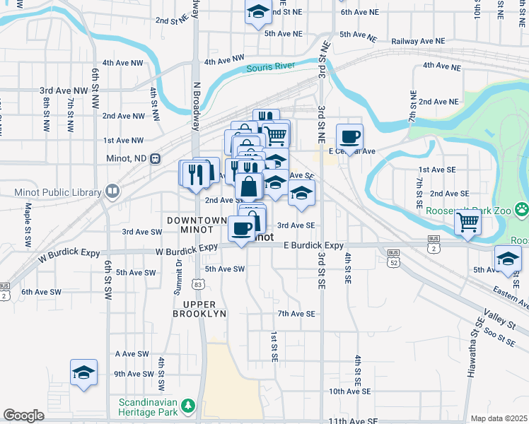 map of restaurants, bars, coffee shops, grocery stores, and more near 208 1st Street Southeast in Minot