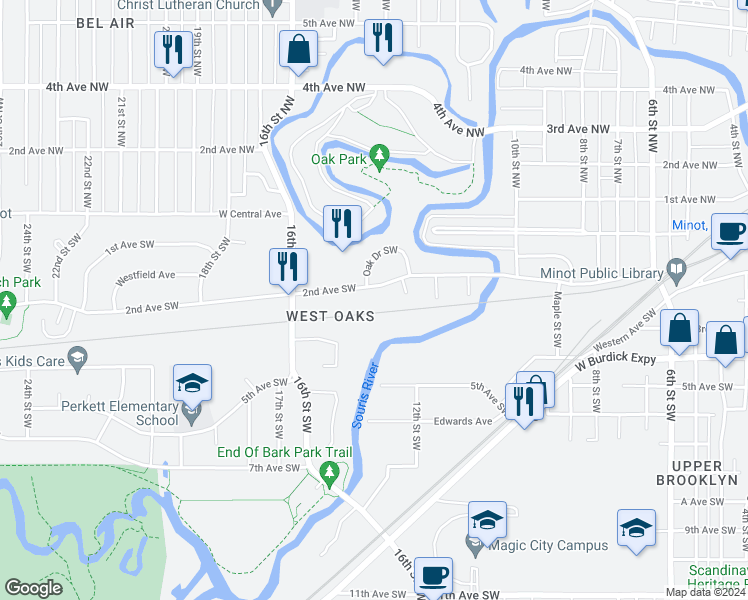 map of restaurants, bars, coffee shops, grocery stores, and more near 1405 2nd Avenue Southwest in Minot