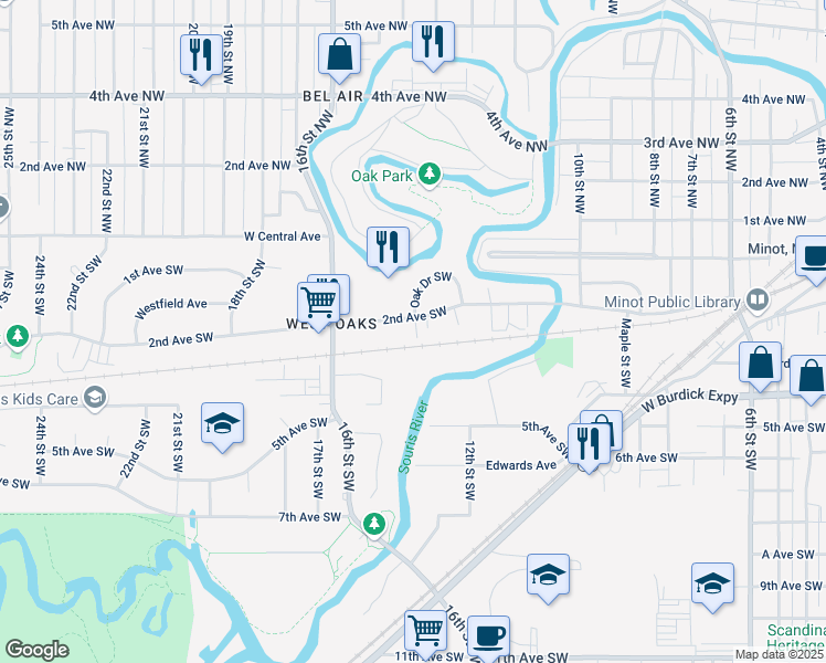 map of restaurants, bars, coffee shops, grocery stores, and more near 1405 2nd Avenue Southwest in Minot