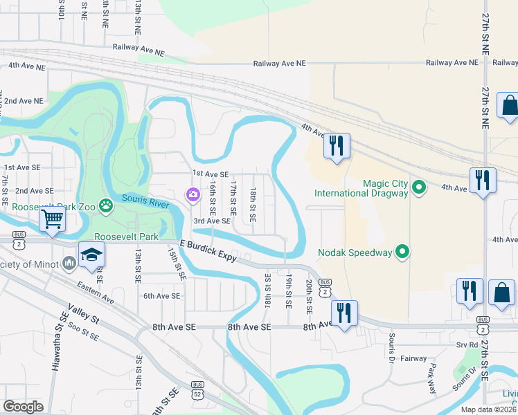 map of restaurants, bars, coffee shops, grocery stores, and more near 200 19th Street Southeast in Minot