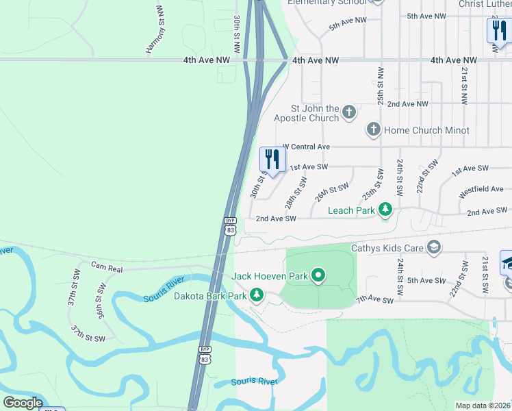 map of restaurants, bars, coffee shops, grocery stores, and more near 158-198 30th Street Southwest in Minot