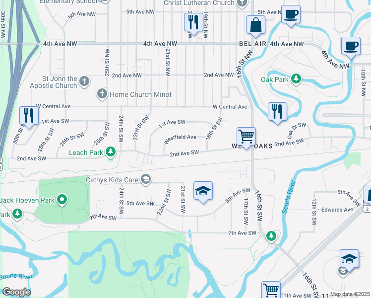 map of restaurants, bars, coffee shops, grocery stores, and more near 1932 2nd Avenue Southwest in Minot