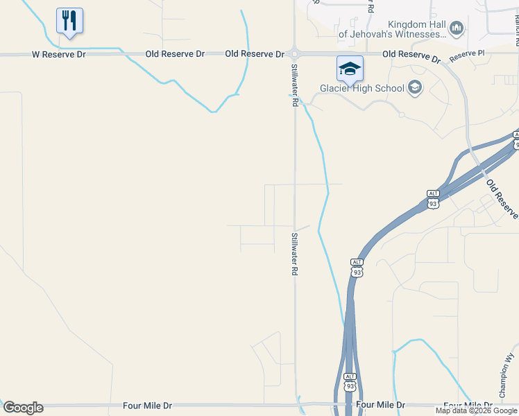 map of restaurants, bars, coffee shops, grocery stores, and more near 605 Stillwater Road in Kalispell