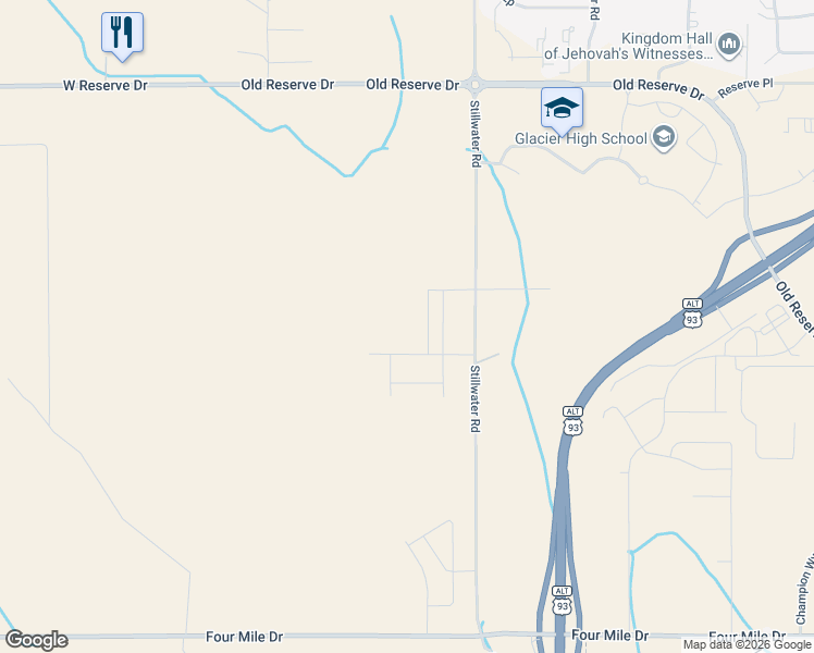 map of restaurants, bars, coffee shops, grocery stores, and more near 680 Stillwater Road in Kalispell