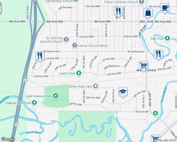 map of restaurants, bars, coffee shops, grocery stores, and more near 2300 2nd Avenue Southwest in Minot