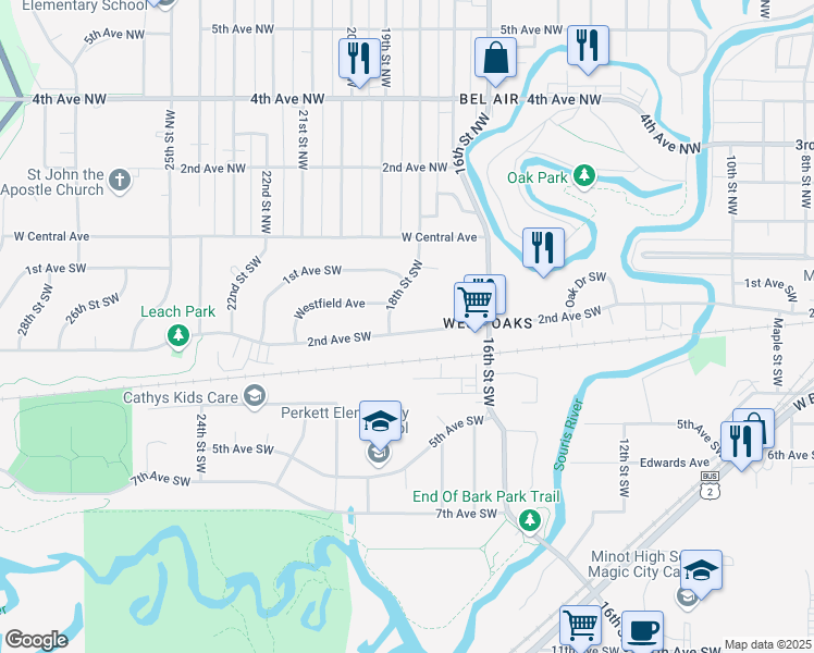 map of restaurants, bars, coffee shops, grocery stores, and more near 1708 2nd Avenue Southwest in Minot