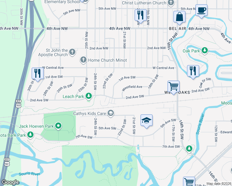 map of restaurants, bars, coffee shops, grocery stores, and more near 2149 1st Avenue Southwest in Minot