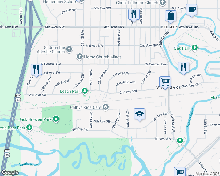 map of restaurants, bars, coffee shops, grocery stores, and more near 2149 1st Avenue Southwest in Minot