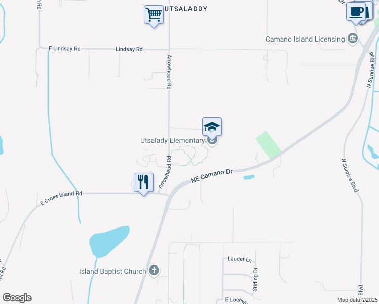 map of restaurants, bars, coffee shops, grocery stores, and more near 606 Arrowhead Road in Camano