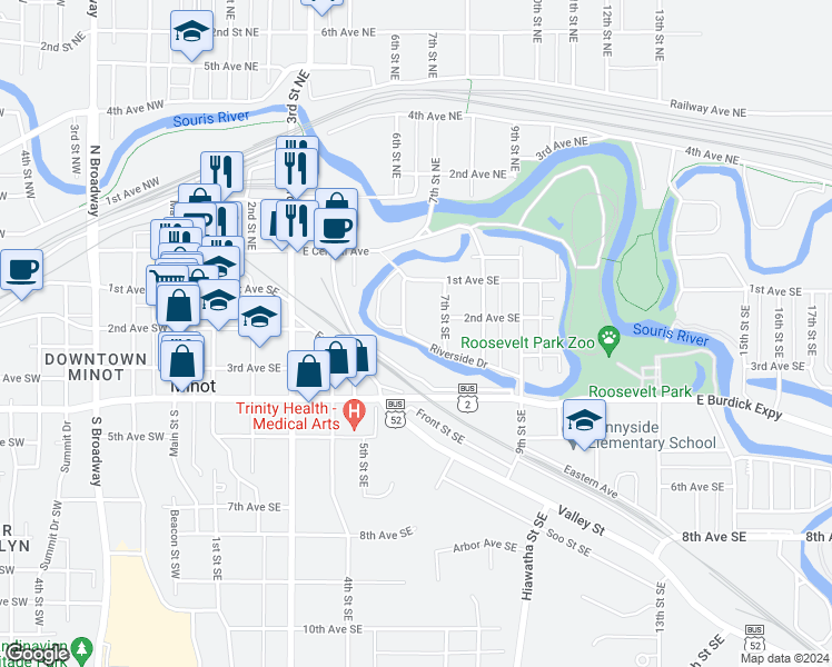 map of restaurants, bars, coffee shops, grocery stores, and more near Riverside Drive in Minot