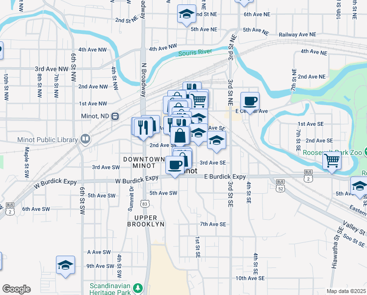 map of restaurants, bars, coffee shops, grocery stores, and more near 208 1st Street Southeast in Minot