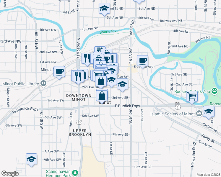 map of restaurants, bars, coffee shops, grocery stores, and more near 215 1st Street Southeast in Minot
