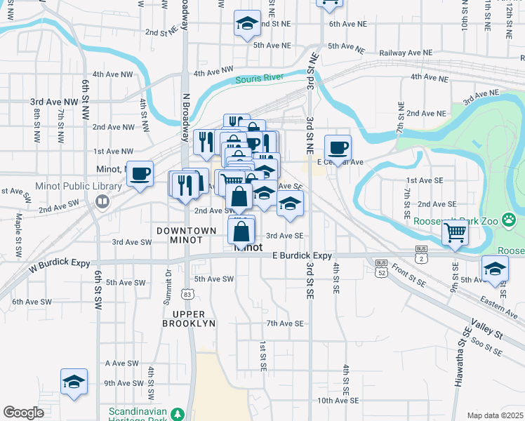 map of restaurants, bars, coffee shops, grocery stores, and more near 105 2nd Avenue Southeast in Minot
