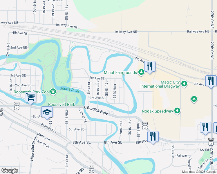 map of restaurants, bars, coffee shops, grocery stores, and more near 205 17th Street Southeast in Minot