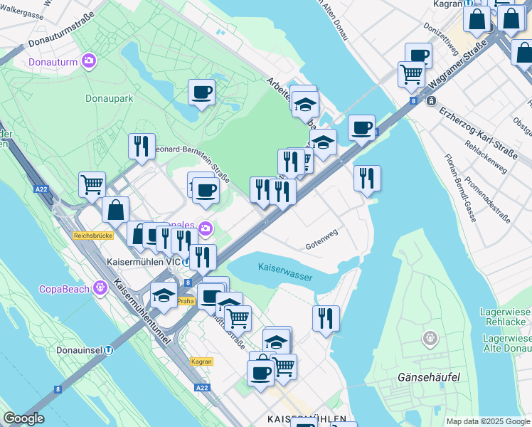 map of restaurants, bars, coffee shops, grocery stores, and more near 19 Wagramer Straße in Wien