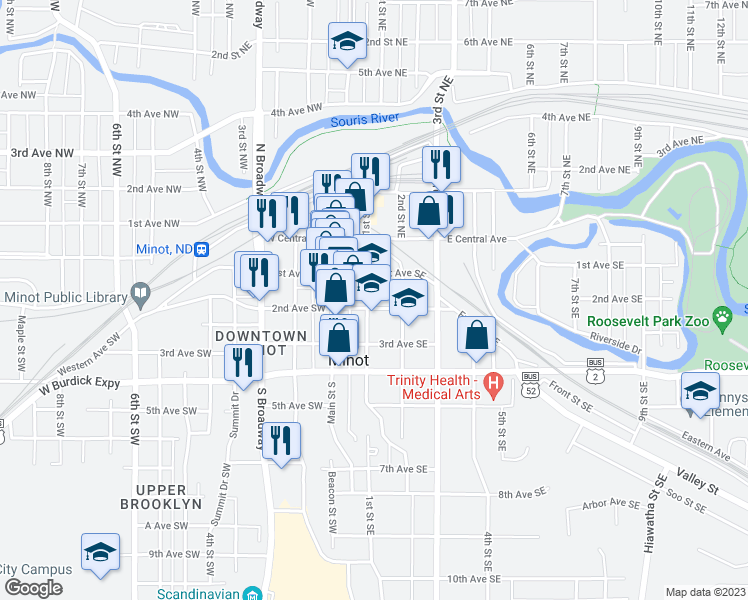 map of restaurants, bars, coffee shops, grocery stores, and more near 105 2nd Avenue Southeast in Minot