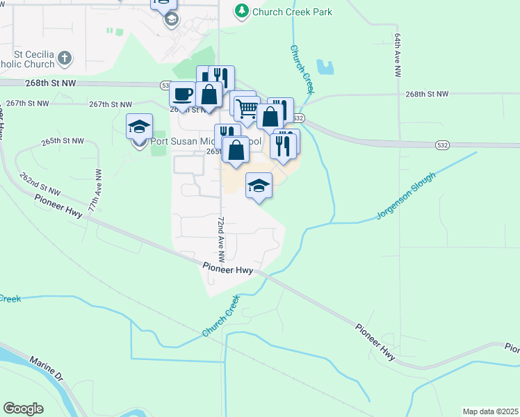 map of restaurants, bars, coffee shops, grocery stores, and more near 26211 72nd Avenue Northwest in Stanwood