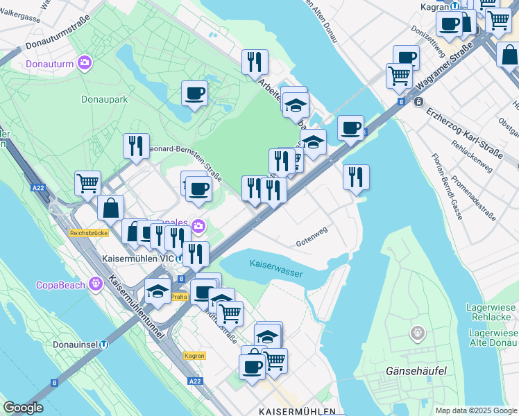map of restaurants, bars, coffee shops, grocery stores, and more near 19 Wagramer Straße in Wien