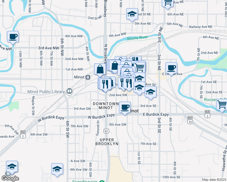 map of restaurants, bars, coffee shops, grocery stores, and more near 20 1st Street Northwest in Minot