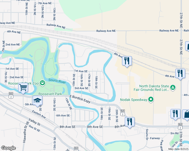 map of restaurants, bars, coffee shops, grocery stores, and more near 1705 1st Avenue Southeast in Minot
