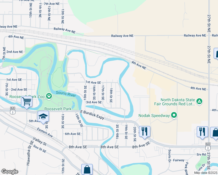 map of restaurants, bars, coffee shops, grocery stores, and more near 1705 1st Avenue Southeast in Minot