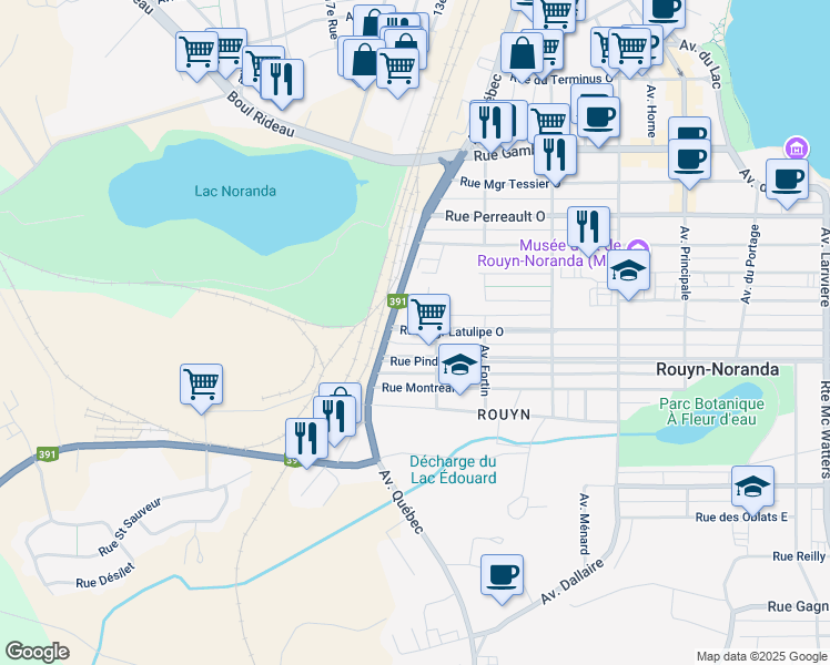 map of restaurants, bars, coffee shops, grocery stores, and more near 337 Monseigneur Latulipe Street West in Rouyn-Noranda