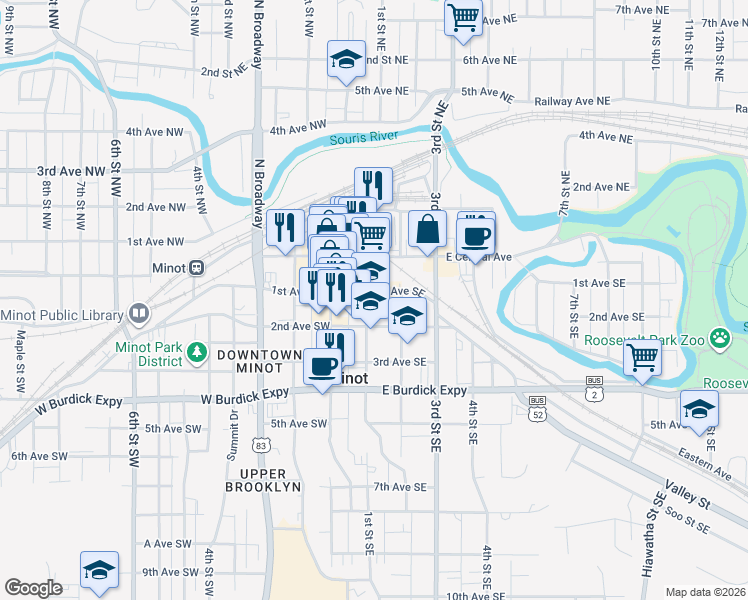 map of restaurants, bars, coffee shops, grocery stores, and more near 109 1st Street Southeast in Minot