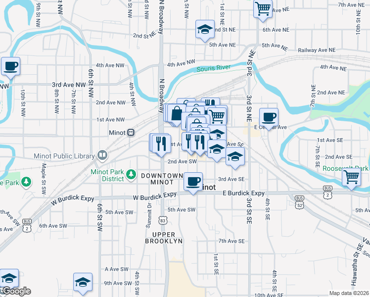 map of restaurants, bars, coffee shops, grocery stores, and more near 13 1st Avenue Southwest in Minot