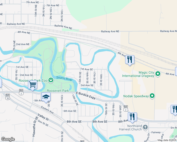 map of restaurants, bars, coffee shops, grocery stores, and more near 1601 1st Avenue Southeast in Minot